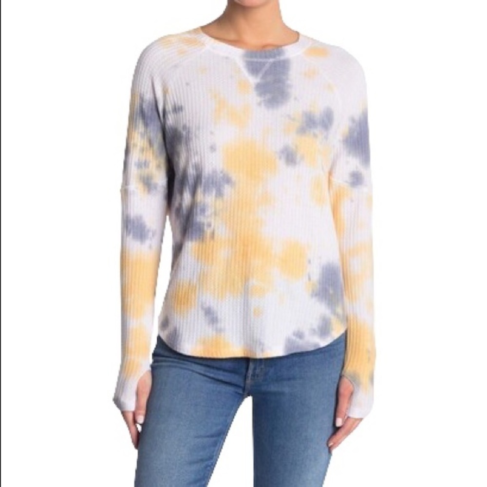 Sweet Romeo Storm Tie Dye Thermal Thumbhole Shirt White Yellow Blue XS New - Picture 2 of 8